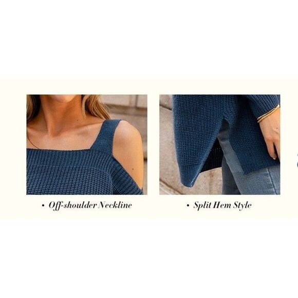 Cold Shoulder Sweater Women Small Blue Off the Shoulder Pullover Oversized Top - Picture 4 of 8